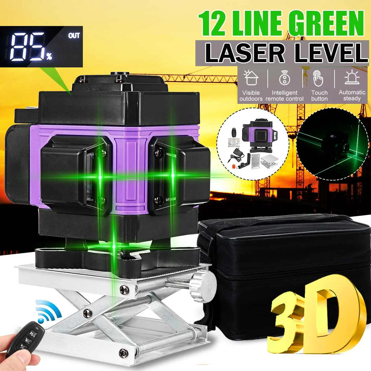 

Лазерный 3D уровень, самонивелирующийся зеленый лазерный уровень, 12 линий, 360 градусов, горизонтали и вертикали