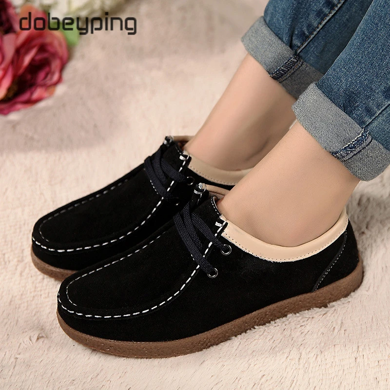 New Spring Autumn Casual Shoes Woman Cow Suede Leather Women Shoes Lace-Up Women's Loafers Moccasins Flats Soft Female Sneakers