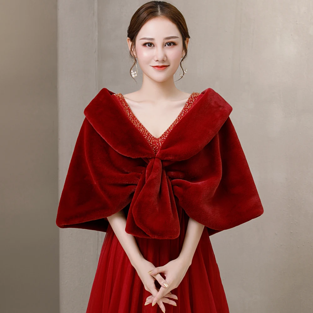 Бесплатная доставка зимнее свадебное болеро без рукавов теплое темно красное из