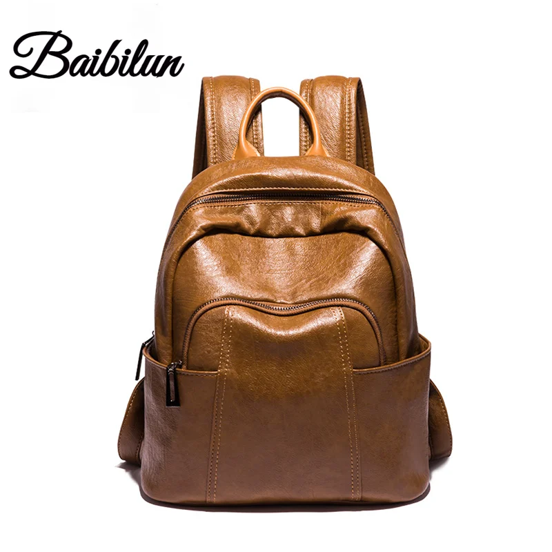 

Leather fashion backpack men and women bag four seasons backpack light female bag retro simple student school bag