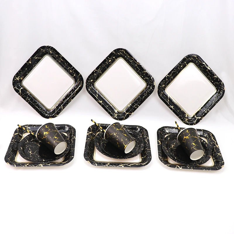 69 шт./компл. черный одноразовый набор посуды Золотая фольга бумажные тарелки
