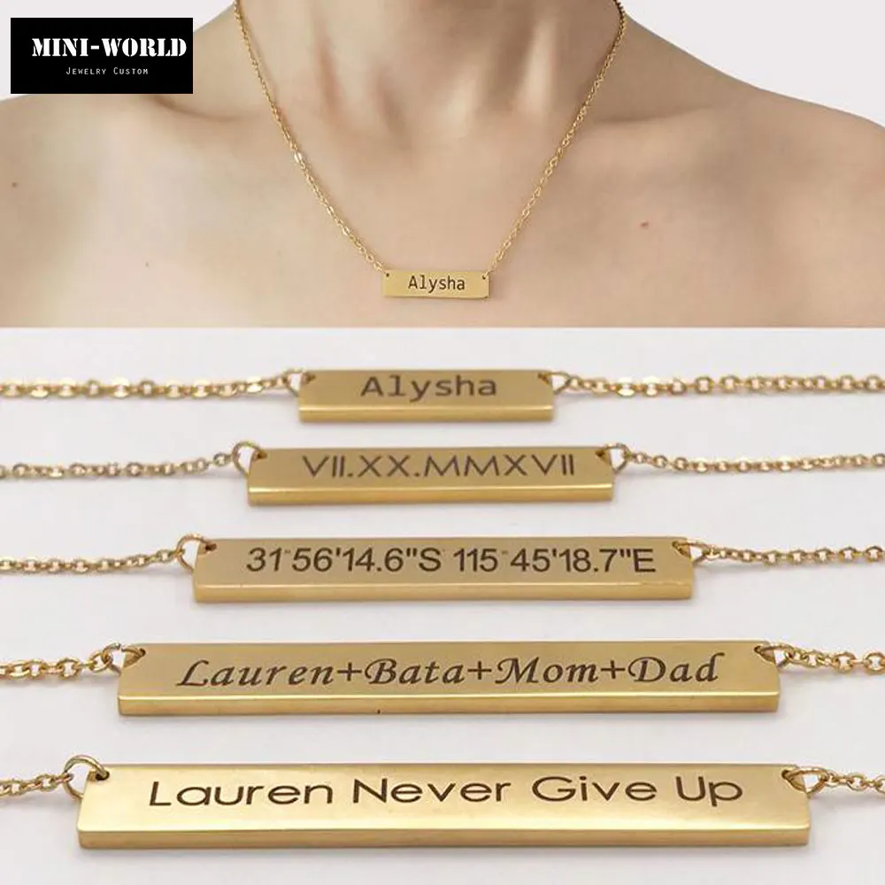 

Mini-World Customized Horizontal Bar Pendant Stainless Steel Necklace Can be Engraving Name letter Men's and women's jewelry