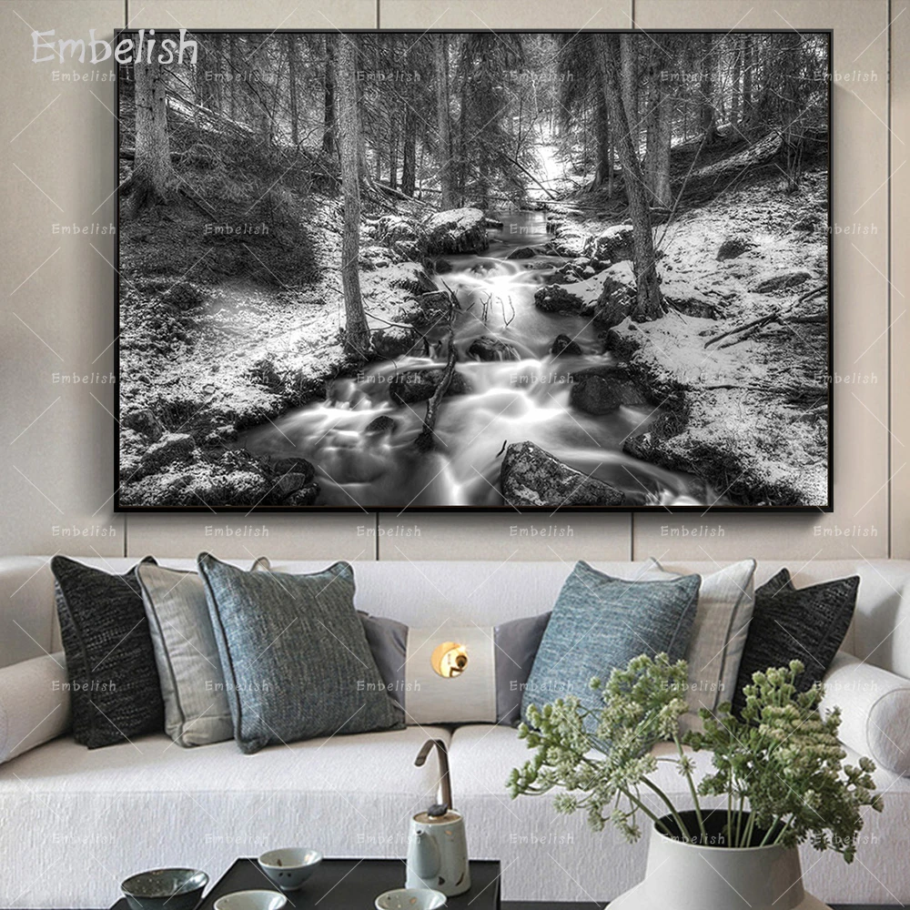 

Embelish New Arrival White And Black Waterfall Forest Landscape HD Canvas Paintings For Living Room Home Decor Wall Art Posters