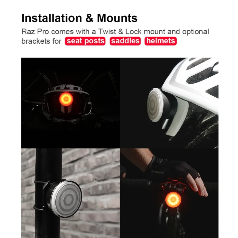 

Raz Pro Smart Bike Tail Light Brake Alerts Auto-Group-Sync Bicycle Taillights