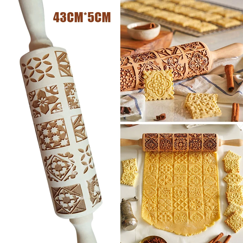 

Новая деревянная Скалка в стиле ретро с тиснением и гравировкой теста, ролик для печенья, кухонный инструмент