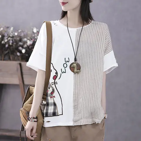 

Cotton Retro Art 2021 summer new stripe splicing top thin large loose short sleeve T-shirt women's wear
