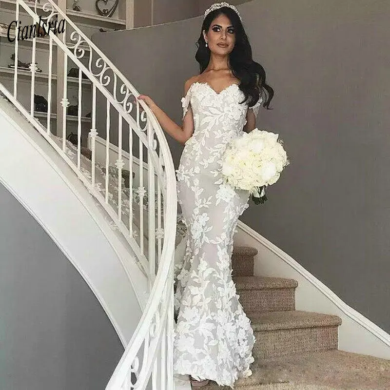 

Newest Sweetheart Dubai Arabic Sweep Train Mermaid Wedding Dress Appliques Lace Long Bridal Wedding Dresses vestido de novia