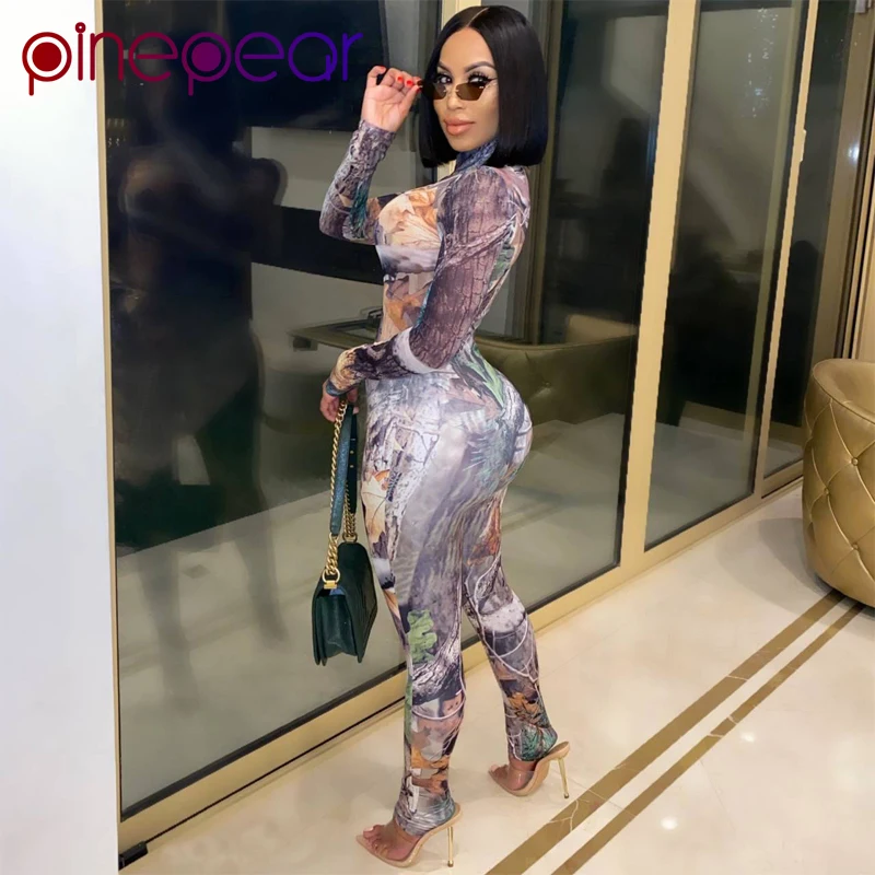 PinePear Colorful Tree Maple Leaf Print Full Sleeve Fall Jumpsuits Jogging Suits for Women Skinny Elastic Sport Workout Overalls | Спорт и