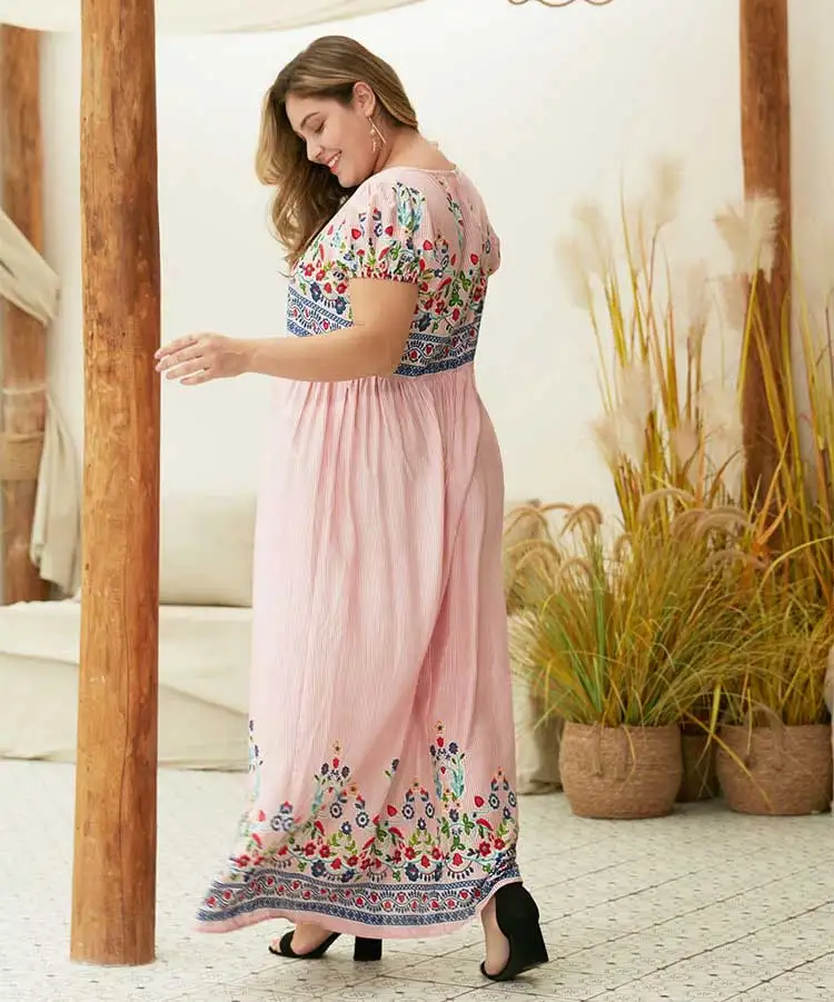 Макси-платье размера плюс с цветочным принтом для женщин лето-осень короткий