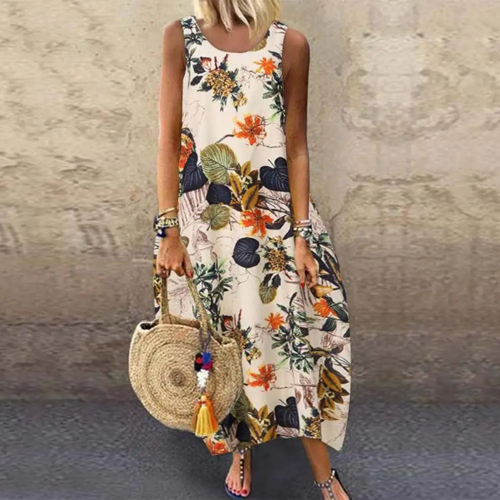 

Women Vintage Sleeveless O Neck Leaves Floral Print Cotton Linen Long Baggy Dress