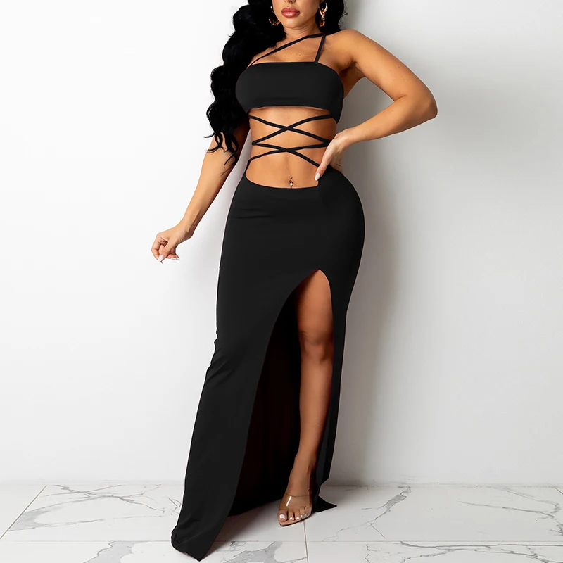 

Women Two Piece Spaghetti Strap Lace Up Solid Color Sleeveless Crop Top & High Slit Maxi Skirt Set Summer Sexy Half Skirt Suits