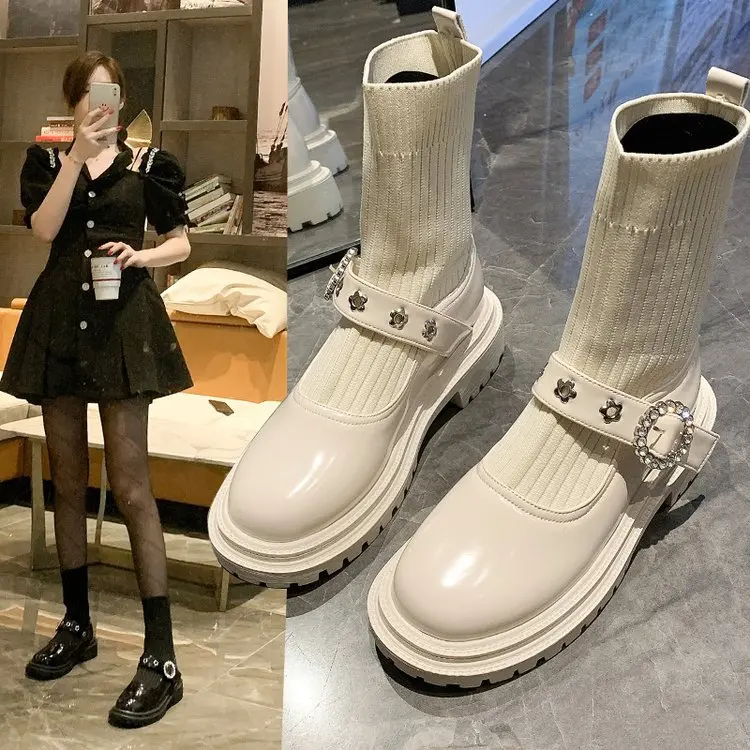 

Новинка 2021, модные женские туфли-носки из стрейчевой ткани с резиновой подошвой, квадратным каблуком и круглым носком