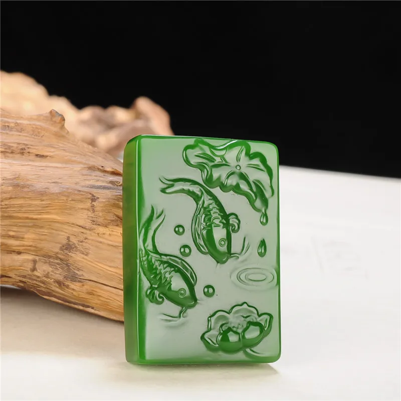 Natural Green Jade Carp Lotus Pendant Necklace Chinese Hand-carved Charm Jadeite Jewelry Fashion Amulet Gifts for Men Women | Украшения и