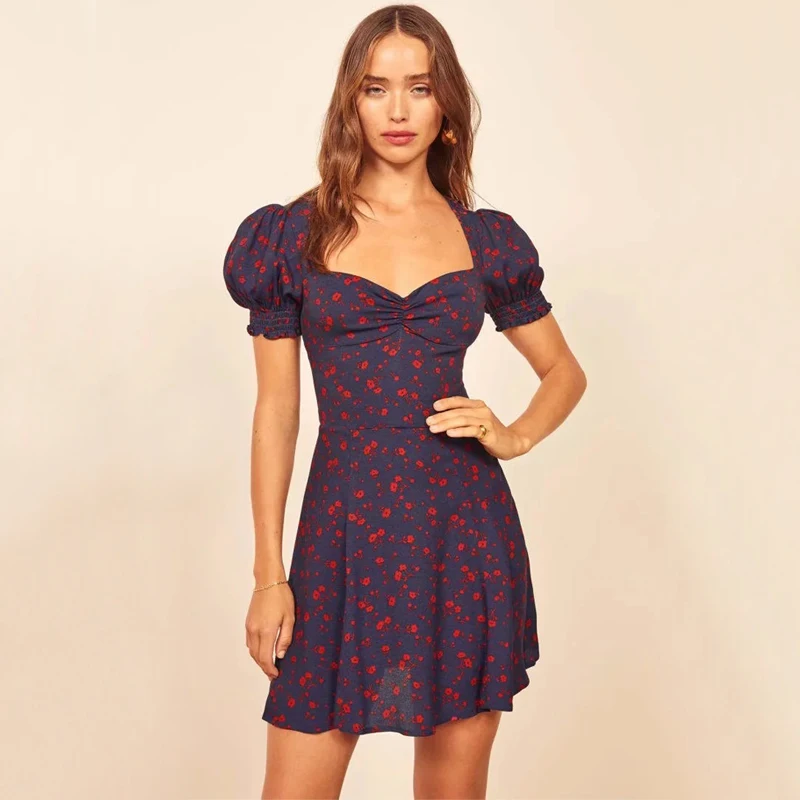 Женское мини платье с пышным рукавом и цветочным принтом|Женские платья| |