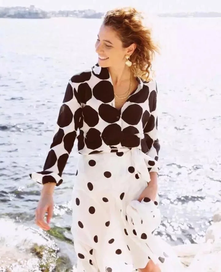 

Women Shirt 2021 Spring and Summer New Ladies Stitching Lapel 100% Cotton Long-sleeved Shirt