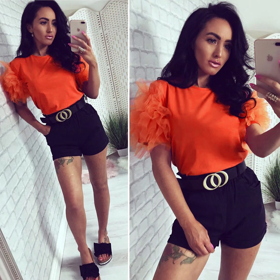 

Женские футболки из марли каскадной расцветки, пикантные оригинальные дизайнерские Топы с коротким рукавом и круглым вырезом, современный ...