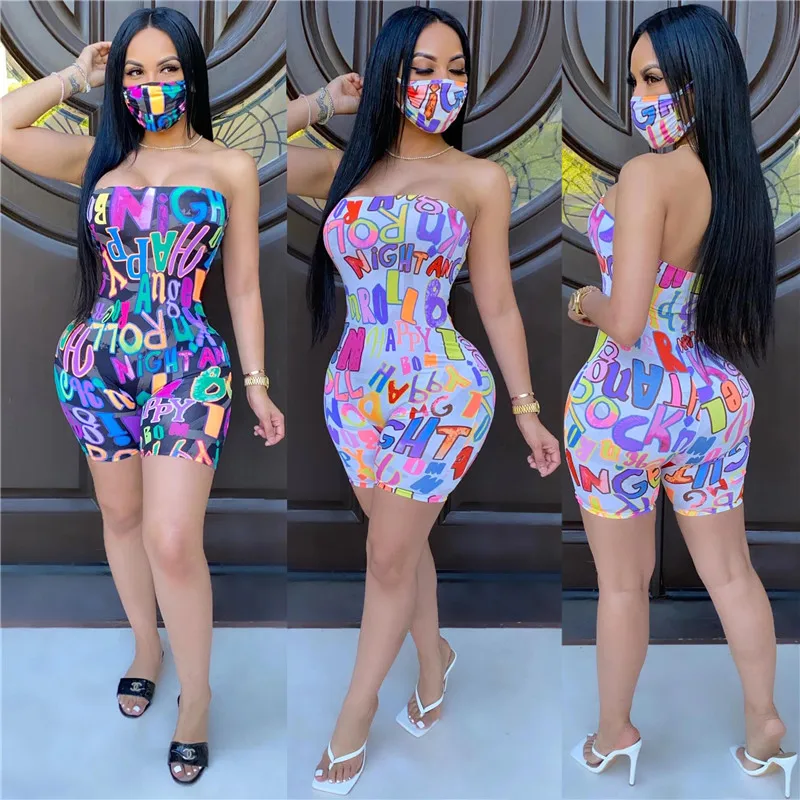 

Sexy Rompers Letter Print Jumpsuit Summer Sleeveless Overalls Skinny Night Club Bodysuit Female Chest Wrapped Strapless Playsuit