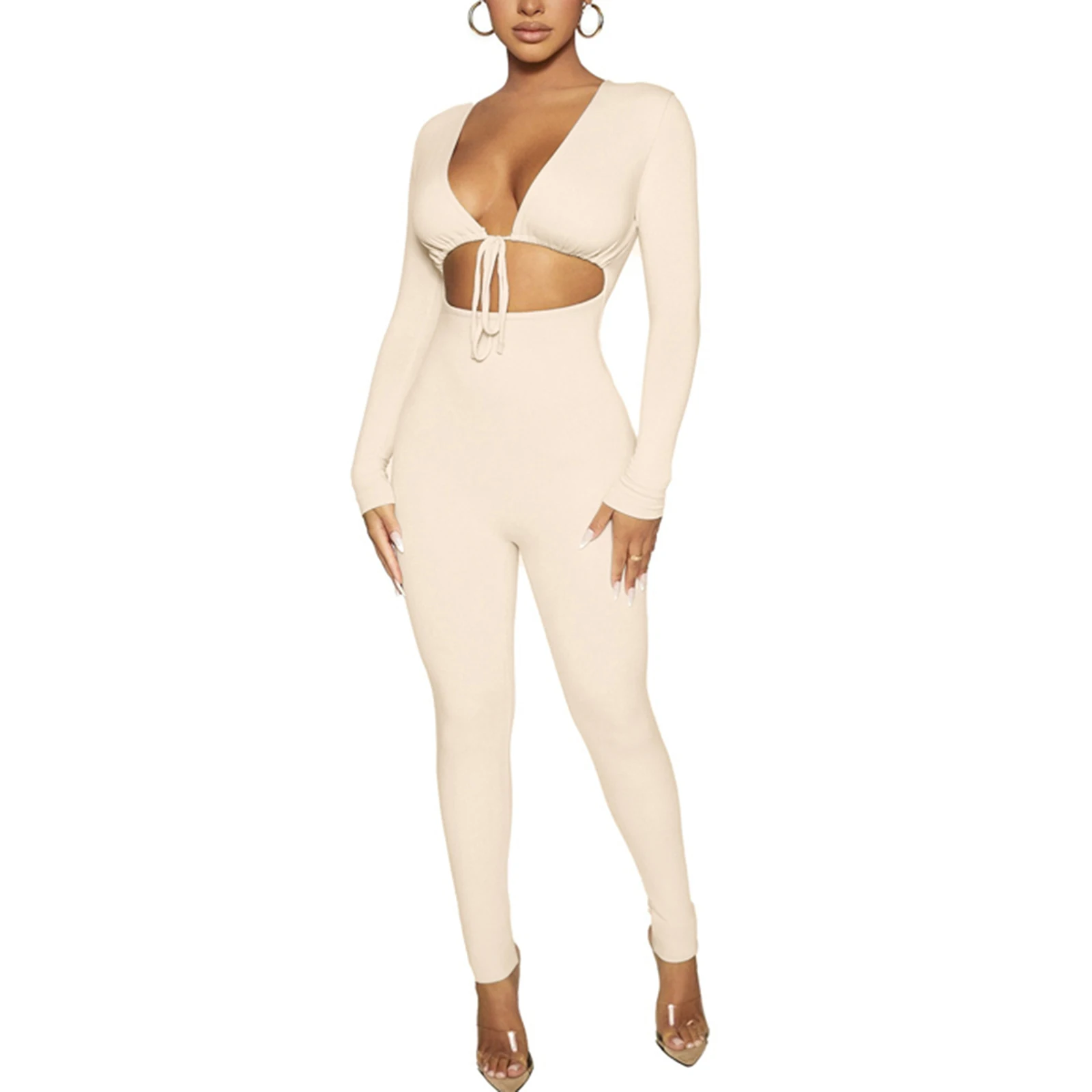 

Женский однотонный комбинезон с длинным рукавом и глубоким V-образным вырезом, черный/хаки/персиковый/Белый S/M/L