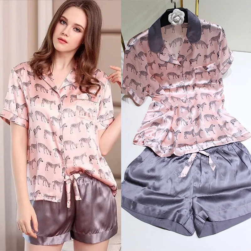 

2021 New Silk Pajamas for Women Suit Women's Silk Summer Short-sleeved Shorts Printed Casual Home Two-piece Home Service Set