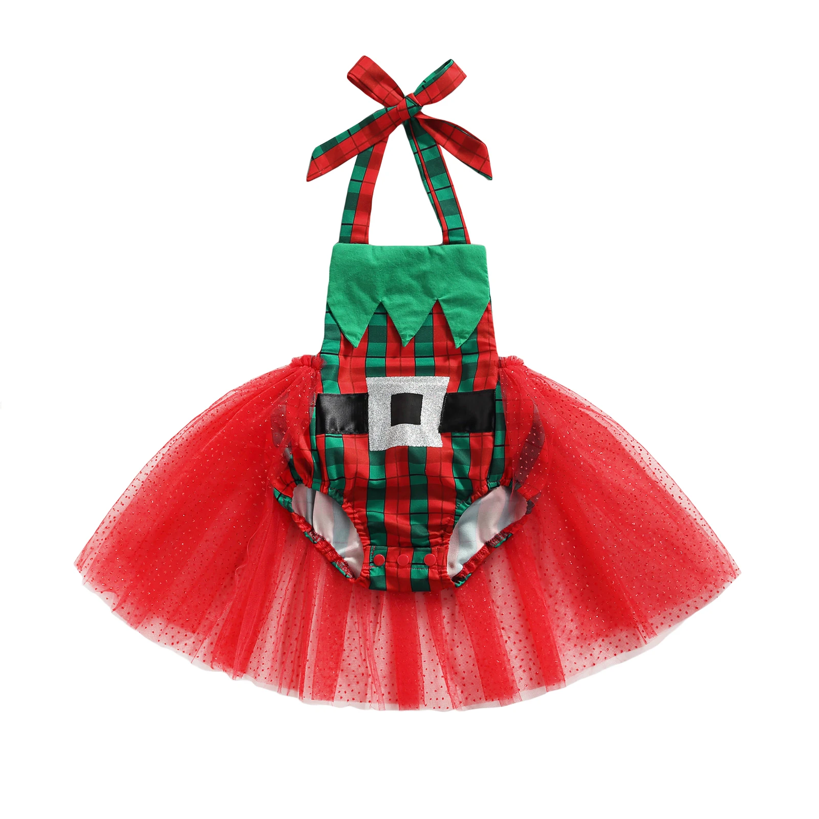 

Baby Girl’s Christmas Bodysuit Halter Bandage Fashion Plaid Printed Stitching Triangle Jumpsuits