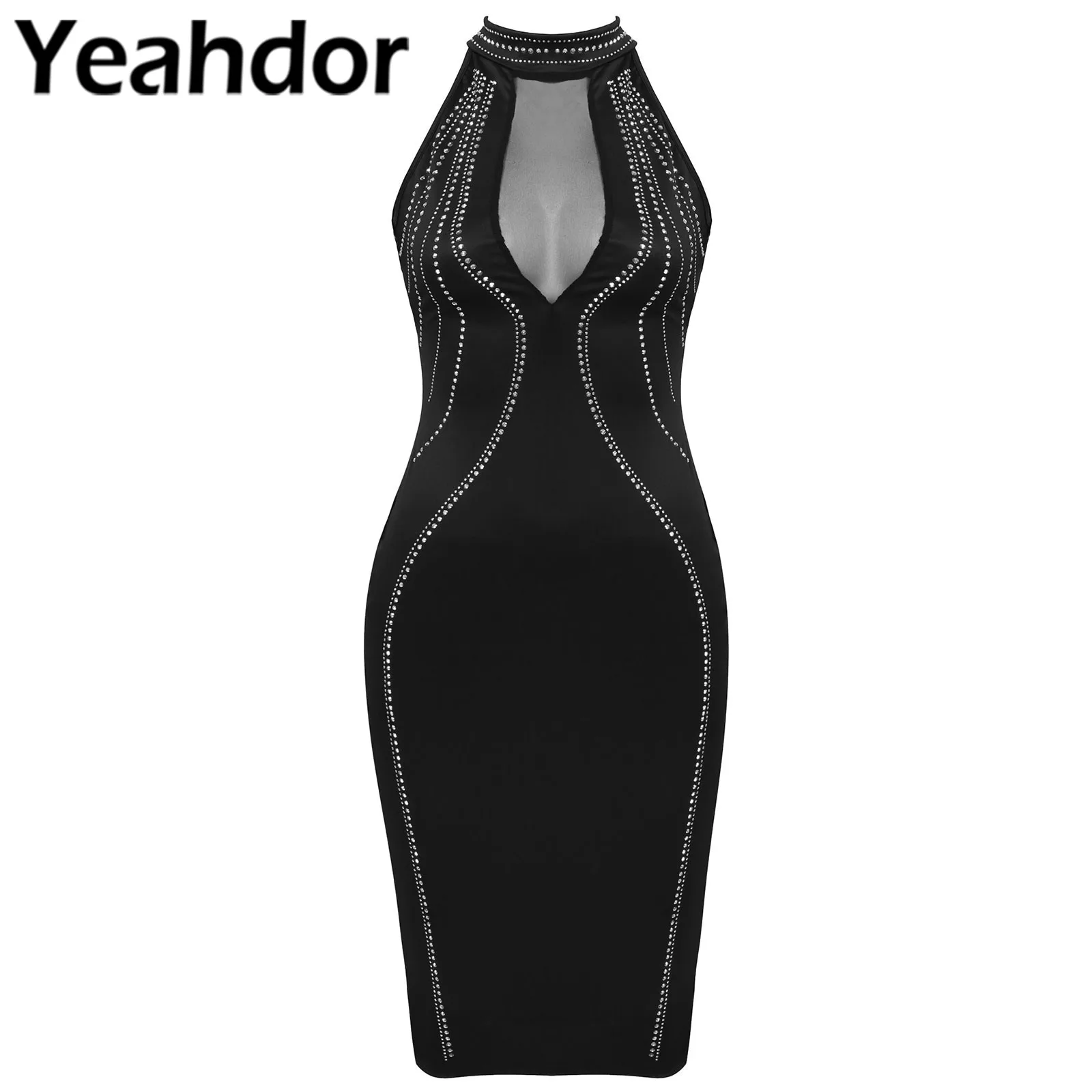 

Women's Sexy Party Dress Femme Diamonds Rhinestone Clubbing Bodycon Dress See Through Mesh Sleeveless Backless Evening Dresses