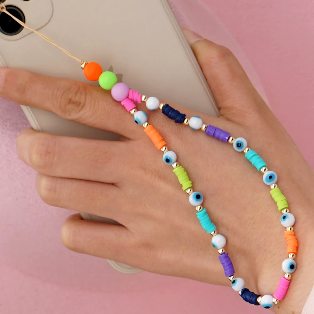 

Evil Eye Chains Polymer Clay Bead Heishi Colorful Chain Lanyard Summer Beach Jewelry 2021 Accessory Phone Strap Holder