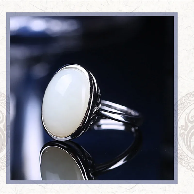 

S925 Sterling Silver Inlaid Natural Hetian Jade White Jade Egg Noodle Ring Fashion