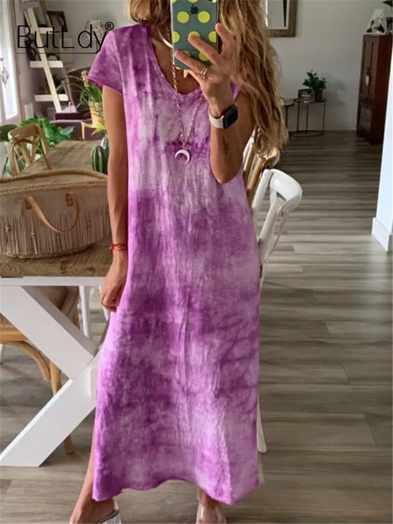 

Tie-dye Printing Long Dress Women Short Sleeve Split T-shirt Dress Summer 2020 V-neck Casual Beach Dresses Ladies Sundress