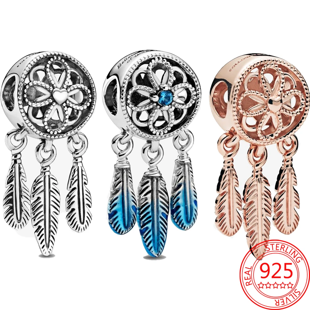 

Чистое искусственное серебро, романтический Ловец снов, Угловое перо, бахрома, шармы, бусины, подходят для оригинального бренда, браслет, DIY ...