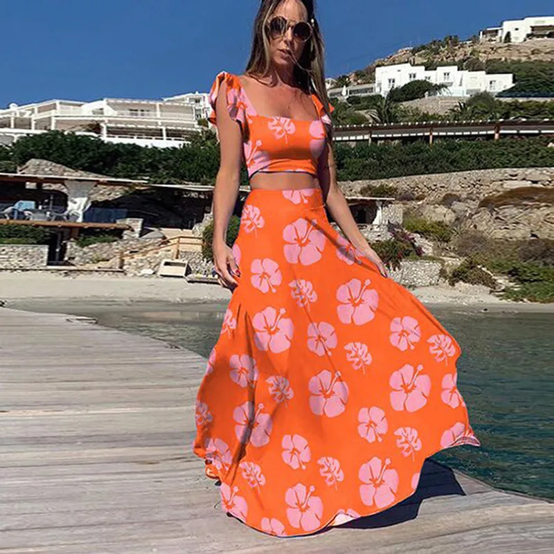 

2021 Women's New Sexy Floral Printed Square Collar Sleeveless Vest Top And Long Skirts Two-Piece Set Women Conjuntos De Mujer