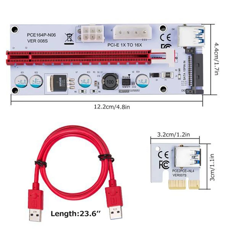 

6PCS 008S 3 in 1 PCIe PCI-E PCI Express Riser Card 1X to 16X USB 3.0 Data Cable for Bitcoin Mining BTC Image Card