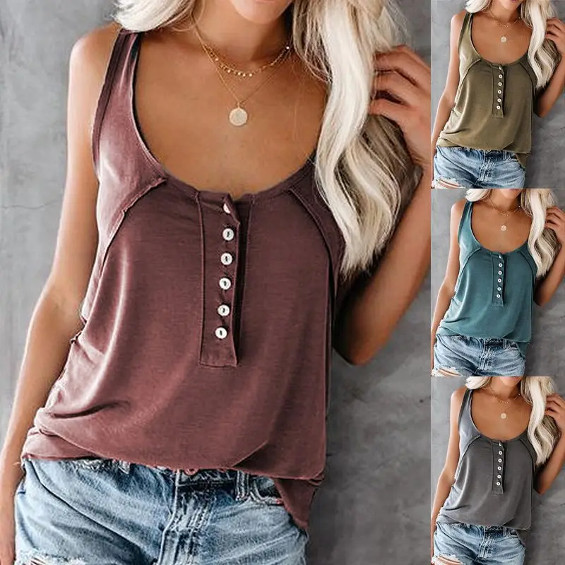 

Майка женская однотонная на пуговицах, модная пикантная Повседневная Свободная стрейчевая блузка без рукавов, с глубоким круглым вырезом, ...