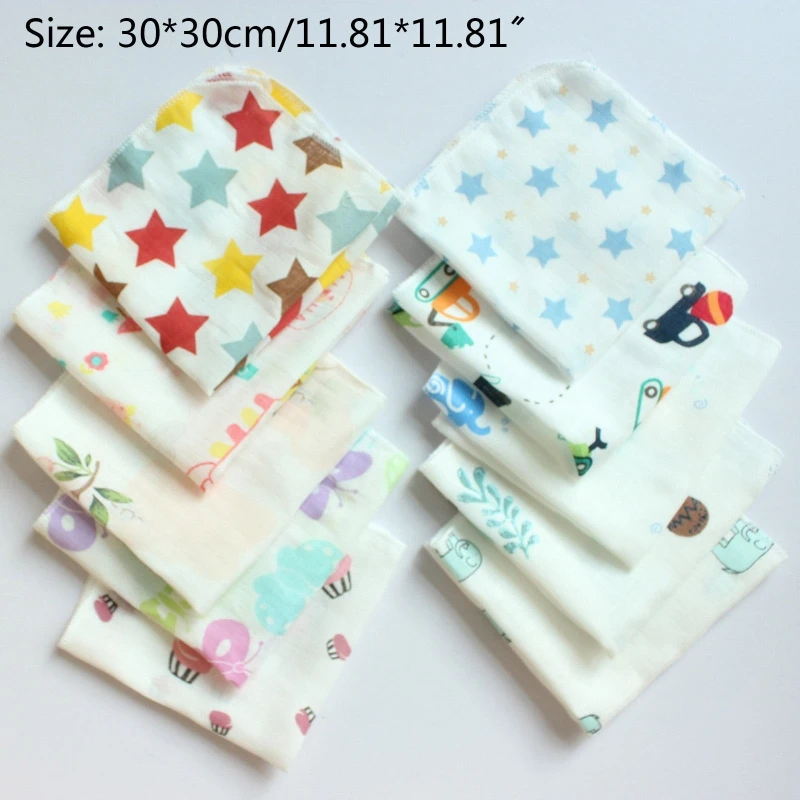 

30x30cm 10Pcs/Pack Baby Muslin Face Washcloth Newborn Wipes Bibs Saliva Towel Infant Feeding Burp Cloth Cartoon Printing Scarf B