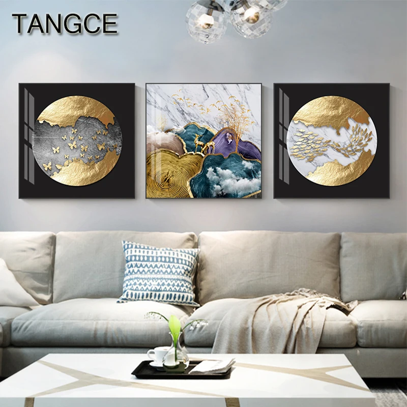 Абстрактные золотые фольги луна олень холст искусство красочные годовые кольца