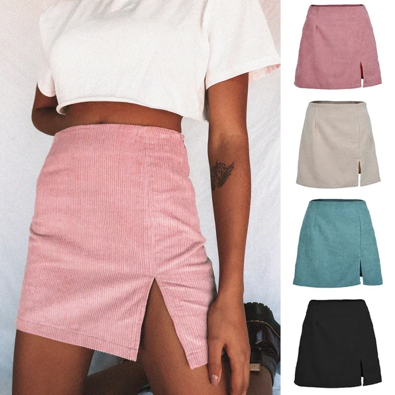 

Women's Skirt --Winter High Waist Corduroy Autumn Solid Color Split A-Word Skirt Short Casual Wild Mini Skirts Falda Mujer