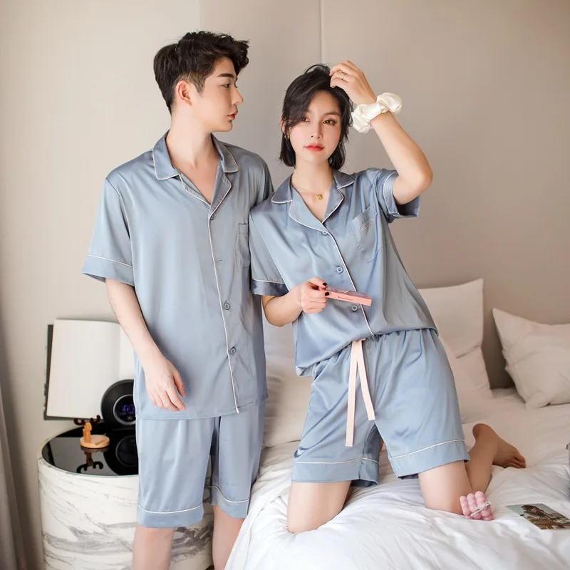 

Summer Satin Couples Pajamas Set Short Sleeve Sleepwear Men and Women Loose Style Home Suit