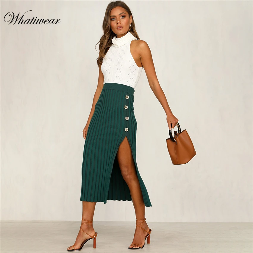 Whatiwear, одноцветная сексуальная юбка с разрезом, осенняя уличная мода, высокая талия, Повседневная Женская юбка, Офисная Женская юбка миди
