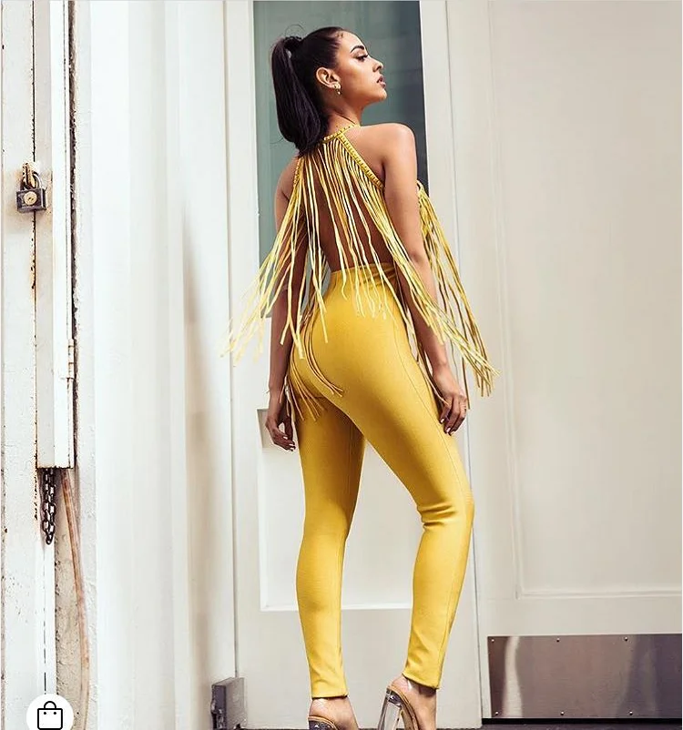 

Bandage Jumpsuits 2020 High Quality Beaded Halter Bodycon Fashion Sexy Rayon Evening Club Party Tassel Women Backless Dobanmbd