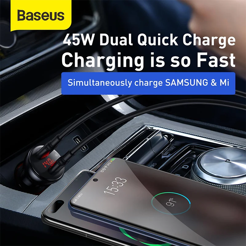 Baseus 45 Вт автомобильное двойное зарядное устройство USB Type C Зарядка для Xiaomi Samsung Huawei