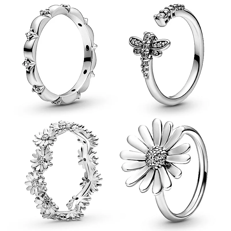 

925 Sterling Silver Pave Daisy Flower Statement With Crystal Ring For Women Wedding Party Gift pandora Jewelry