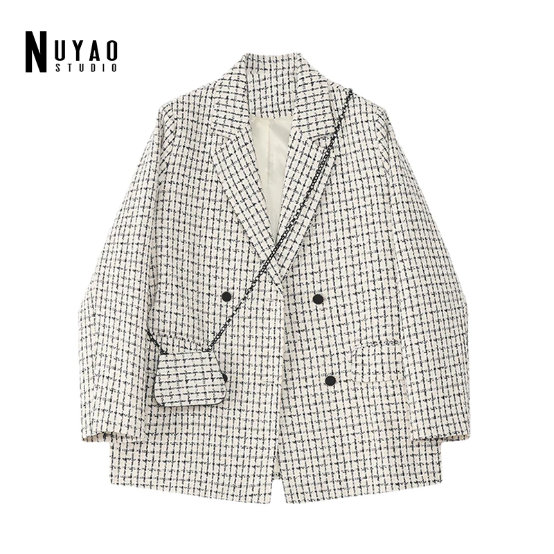 

Women Fashion Tweed White Plaid With Bag Suit Oversized Blazer New Lapel Notched Long Sleeve Loose Fit Jacket Autumn 2021 Female