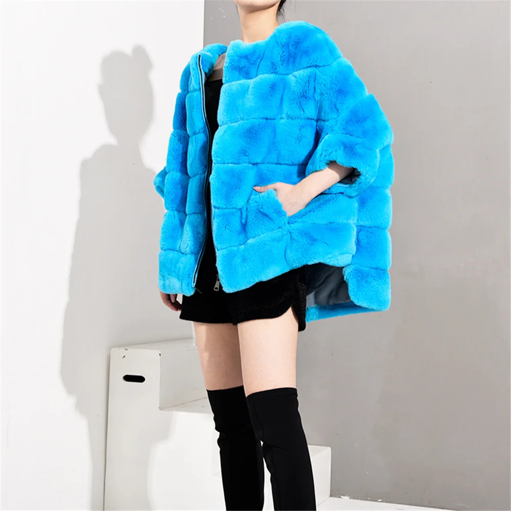 Женское пальто из натурального меха TOPFUR бирюзовое кролика Рекс зимняя шуба