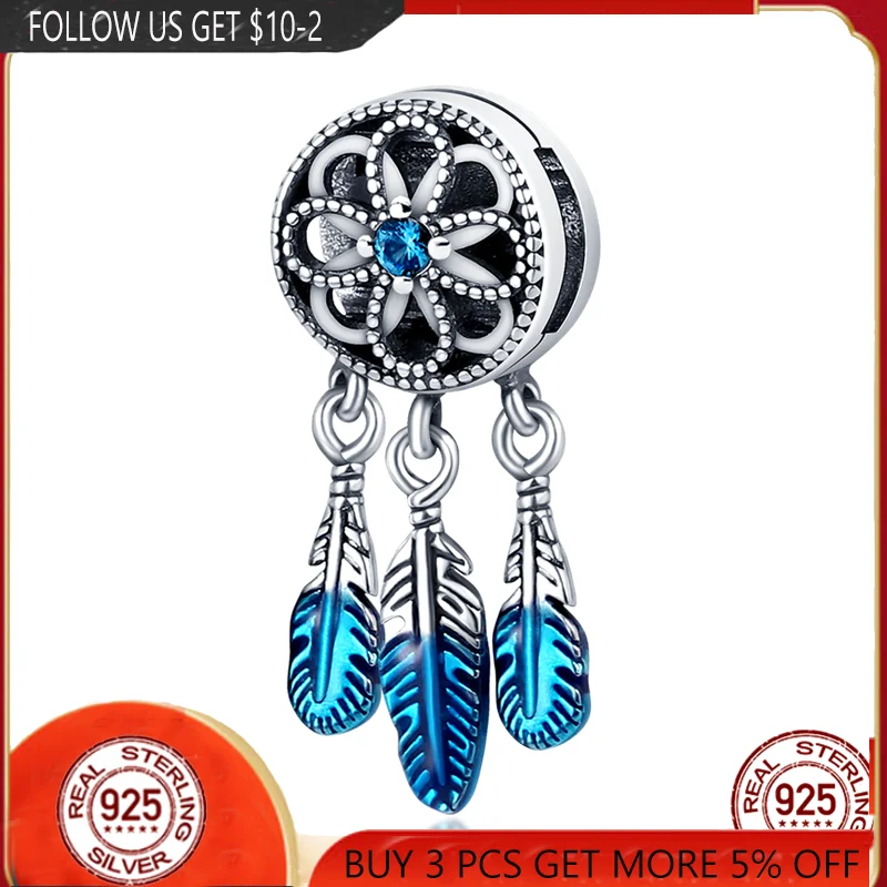

925Sterling Silver Flat Mouth Blue Dream Catcher Fits Original Pandora Flat Mouth Bracelet Making Fashion DIY Jewelry For Women