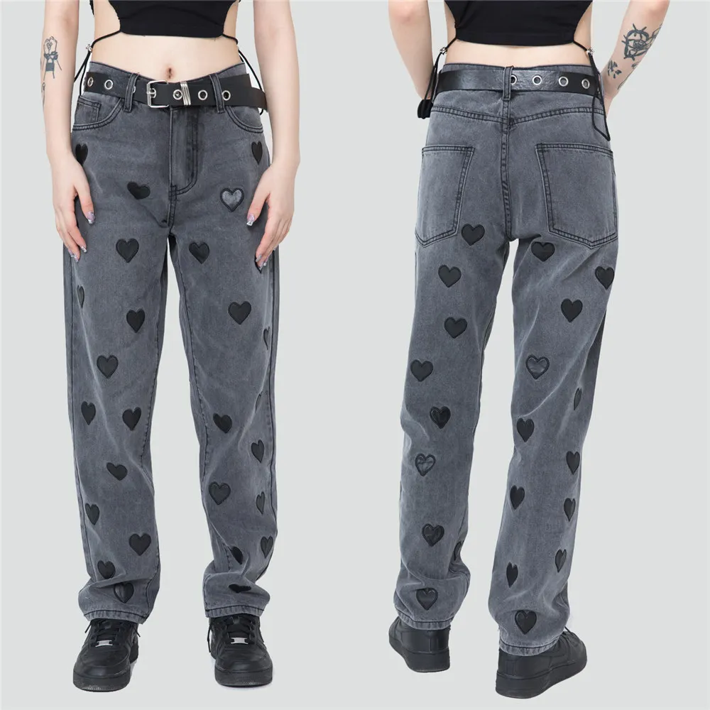 

Men's Jeans Washed Denim Clothing Lovely Hearts Embroidery Oversized Streetwear Casual Pants Grey Blue Women Trousers