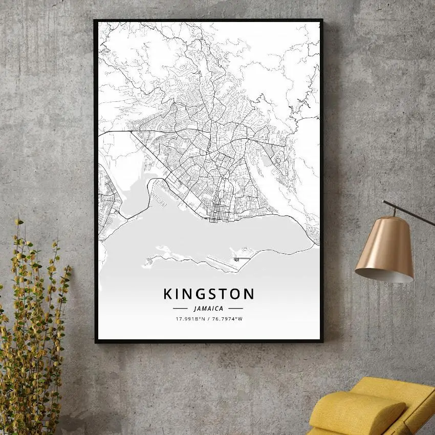 Черный и белый Kingston Jamaica Широта Долгота холст Художественная карта Плакат | Дом