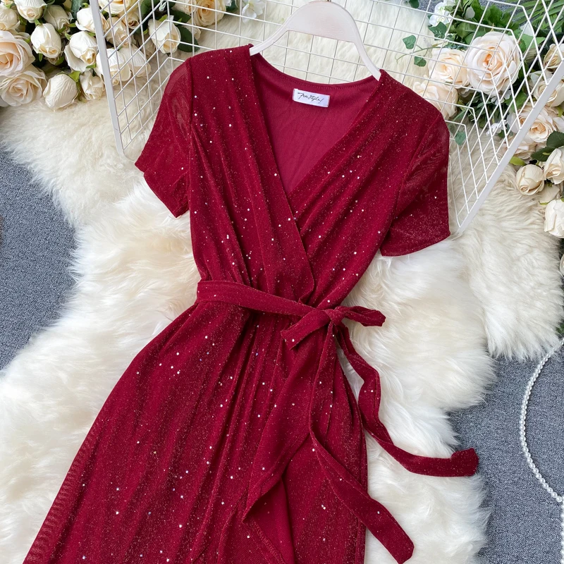 SINGRAIN Для женщин летние нерегулярные оборками платье миди отделанные блестками