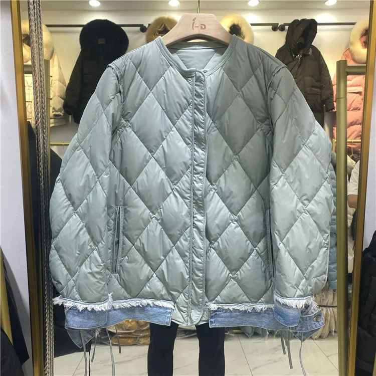 

Korean Warm Thicker Puffer Manteau Denim Patchwork White Duck Down Jacket Women Tops Vintage Argyle Lightweight Down Coat Female