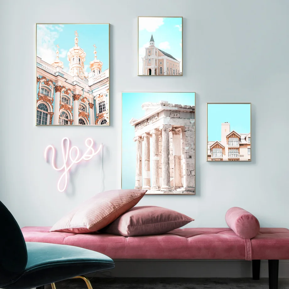 

Old Building Church Wall Art Blue Sky White Clouds Canvas Painting Nordic Posters and Prints Pictures for Living Room Home Decor