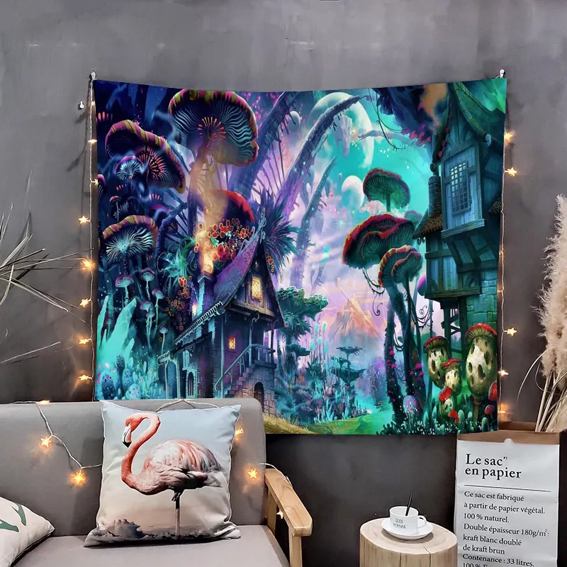 

Mushroom Dream Forest Wall Tapestry Hanging Huge Mushroom House Fairyland Psychedelic Tapestry Room Decoration Wall Tapestry