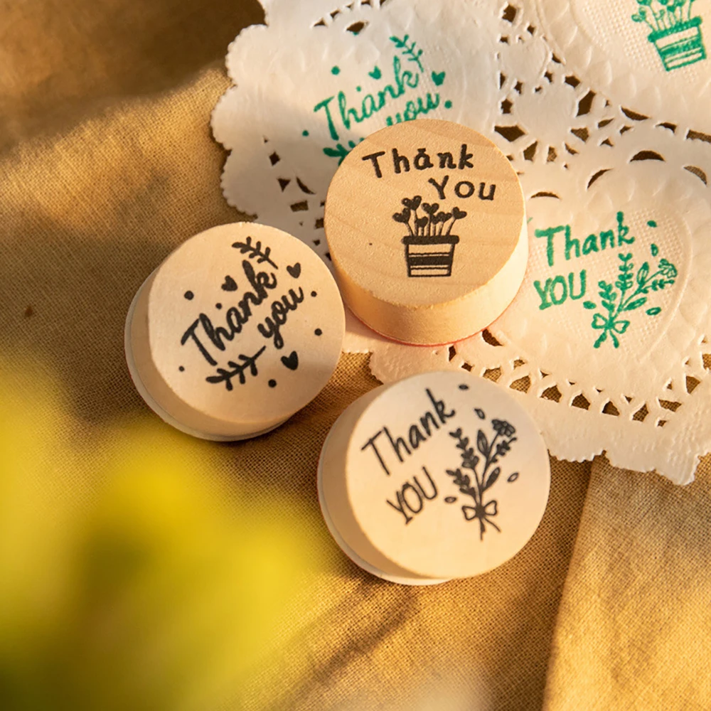 

6Pcs Thank You Wood Rubber Stamp for Scrapbooking Blessing Greeting Letter For You Good Luck Handmade Craft Round Wooden Stamp